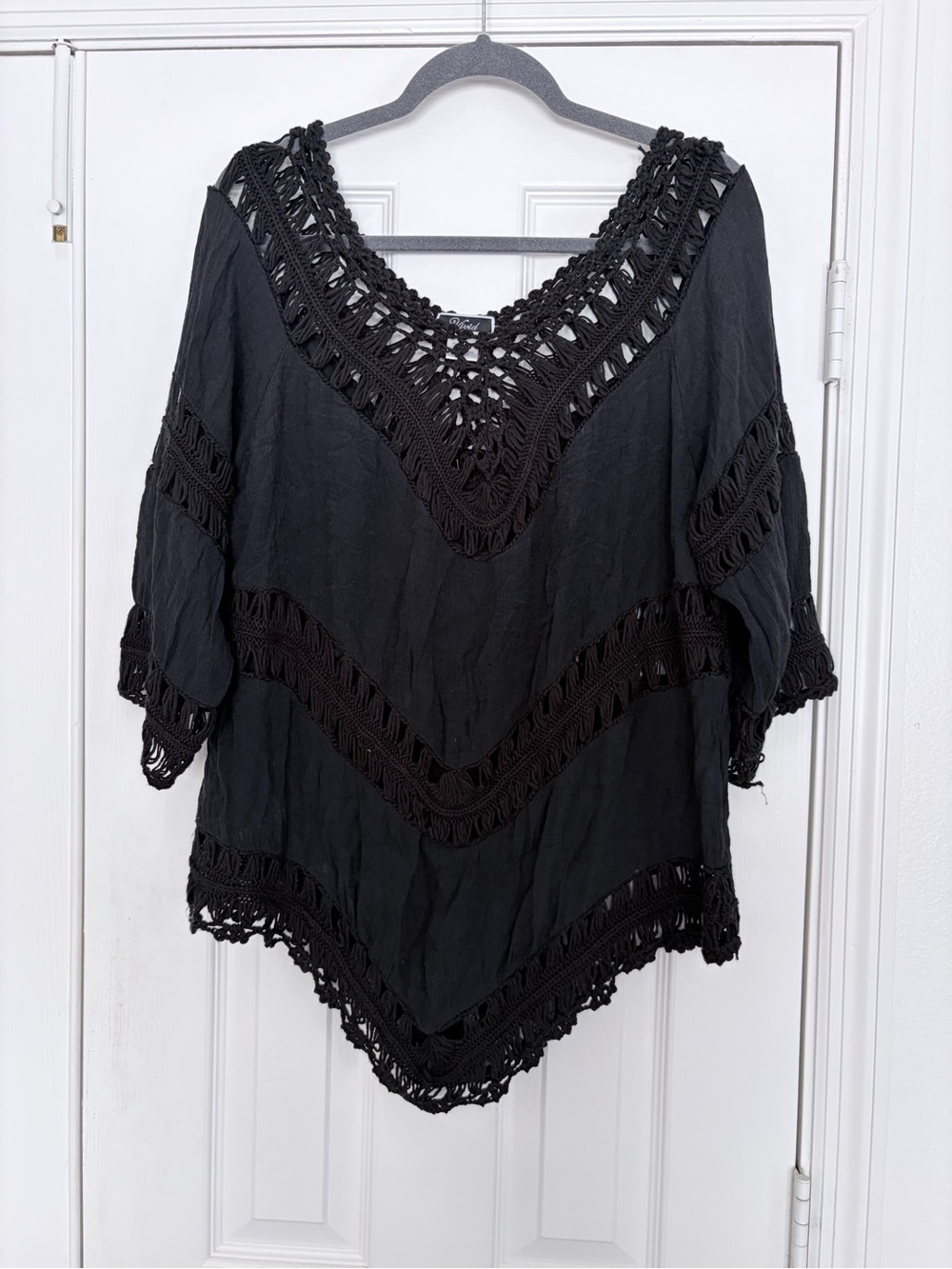 Vivid Boho Crochet V-Neck Blouse - Black Size 1X